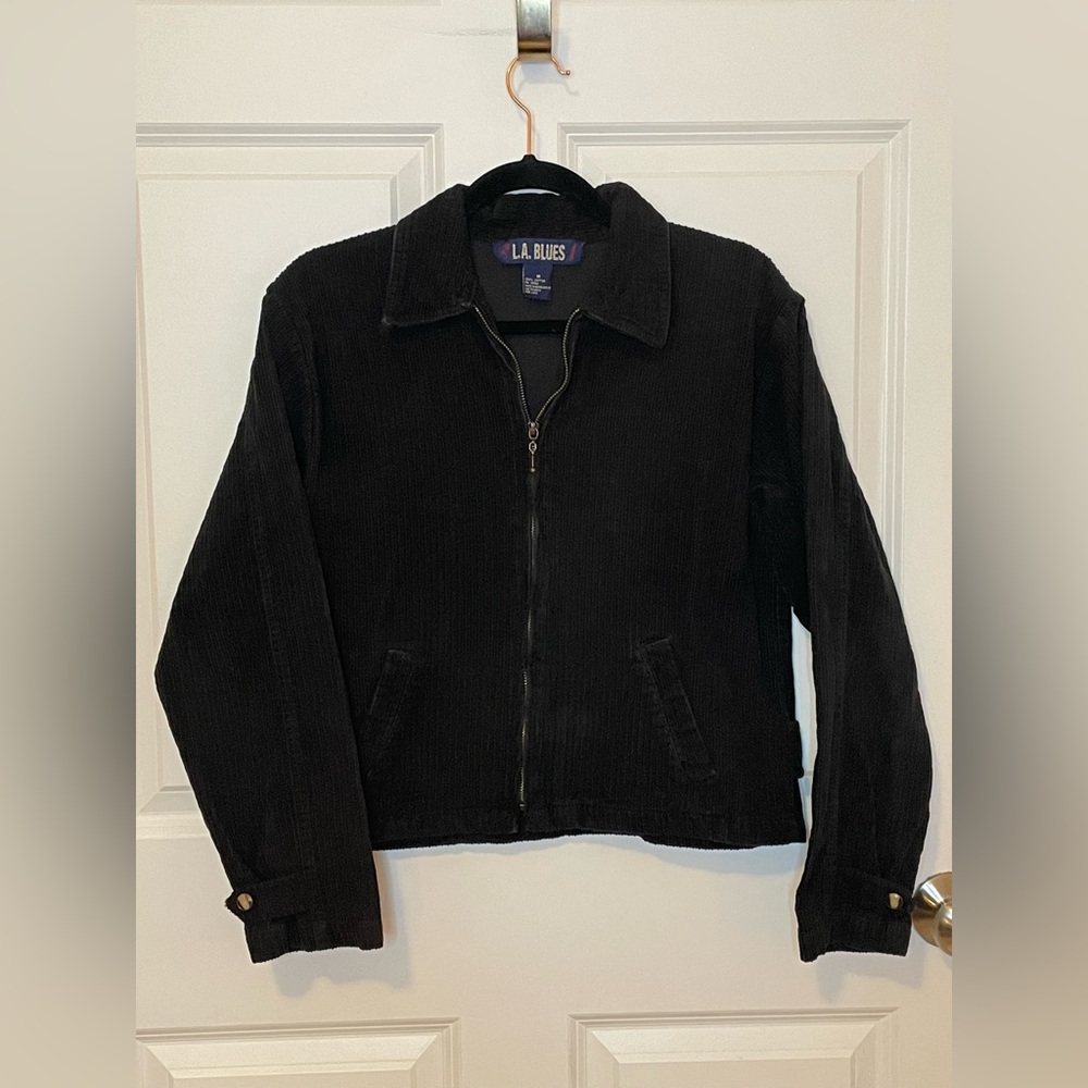 L.A. Blues Black Corduroy Jacket Zip Front Collar Coat Y2K 90s Minimalist M VTG